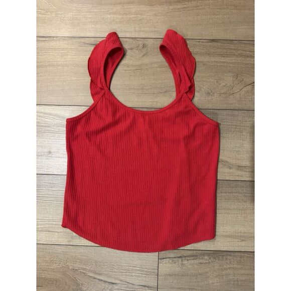 BP Red Tank Top Shirt Tee Ribbed Red L Large Ruffle Straps Camisole Womens - Picture 1 of 2